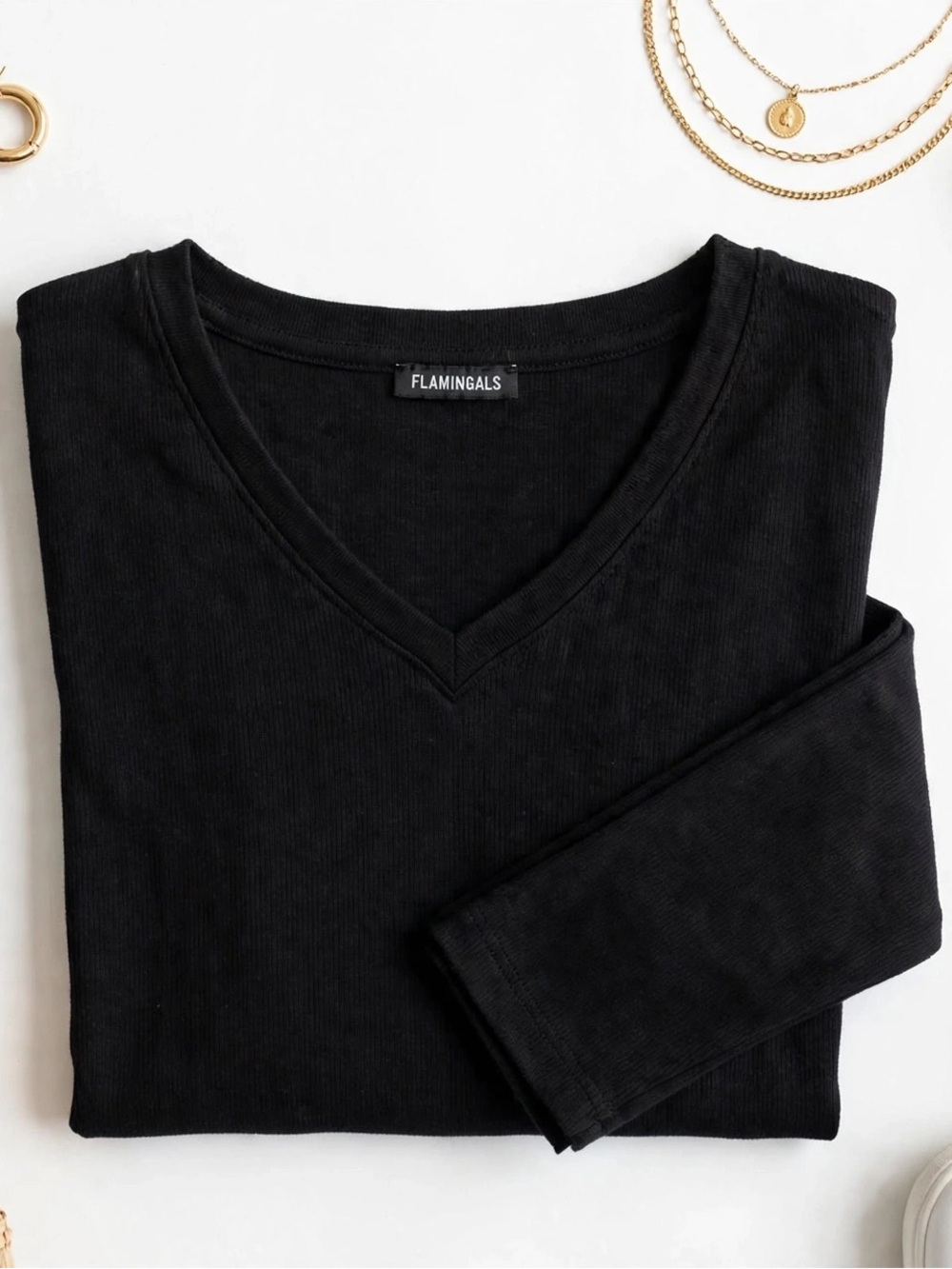 Flamingals Women's Black V-Neck Long Sleeve Top